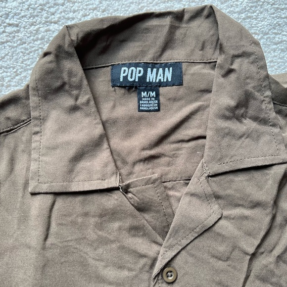 Pop Man Men's Short Sleeve Button Up Shirt Top Tee Brown Collared Soft Viscose M - Picture 3 of 6
